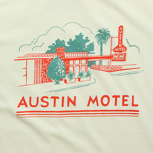 Close up of teal and bright red illustration of the Austin Motel with text 'AUSTIN MOTEL' under it on cream background