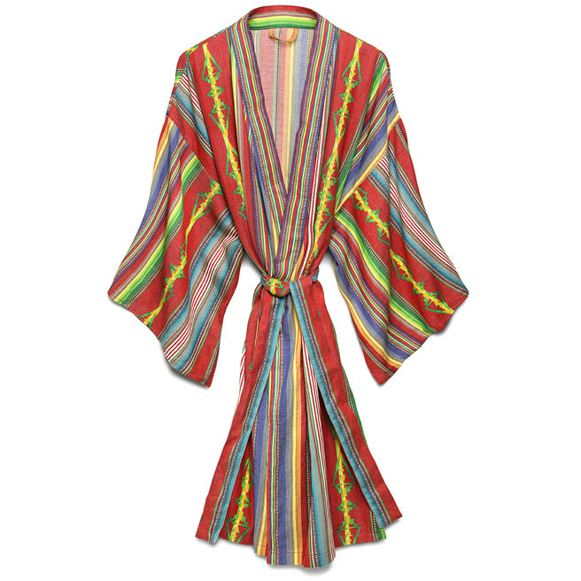 Full view of striped red blue green yellow motel robe against white background by Bunkhouse
